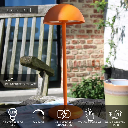 Lucide JOY - Oplaadbare Tafellamp Binnen/Buiten - Accu/Batterij - Ø 12 cm - LED Dimb. - 1x1,5W 3000K - IP54 - Oranje - USP